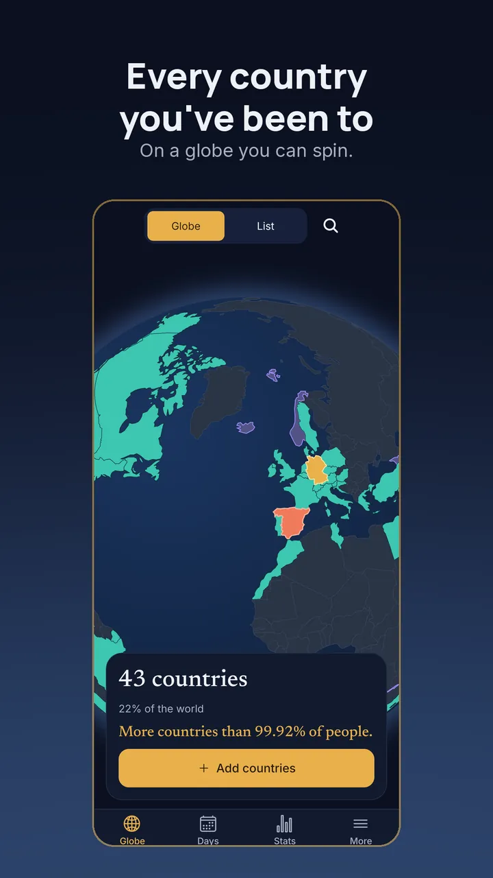 Globefold: the globe with the countries you've been to