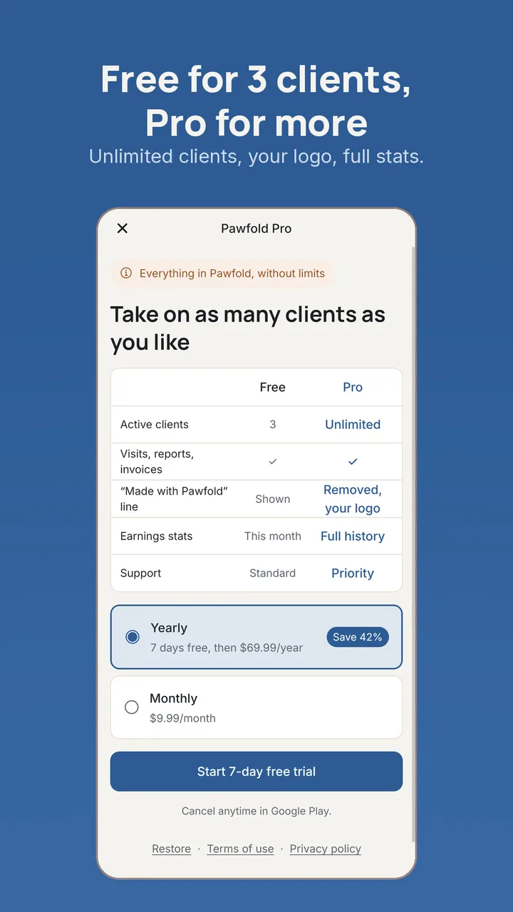 Free for 3 clients, Pro for more